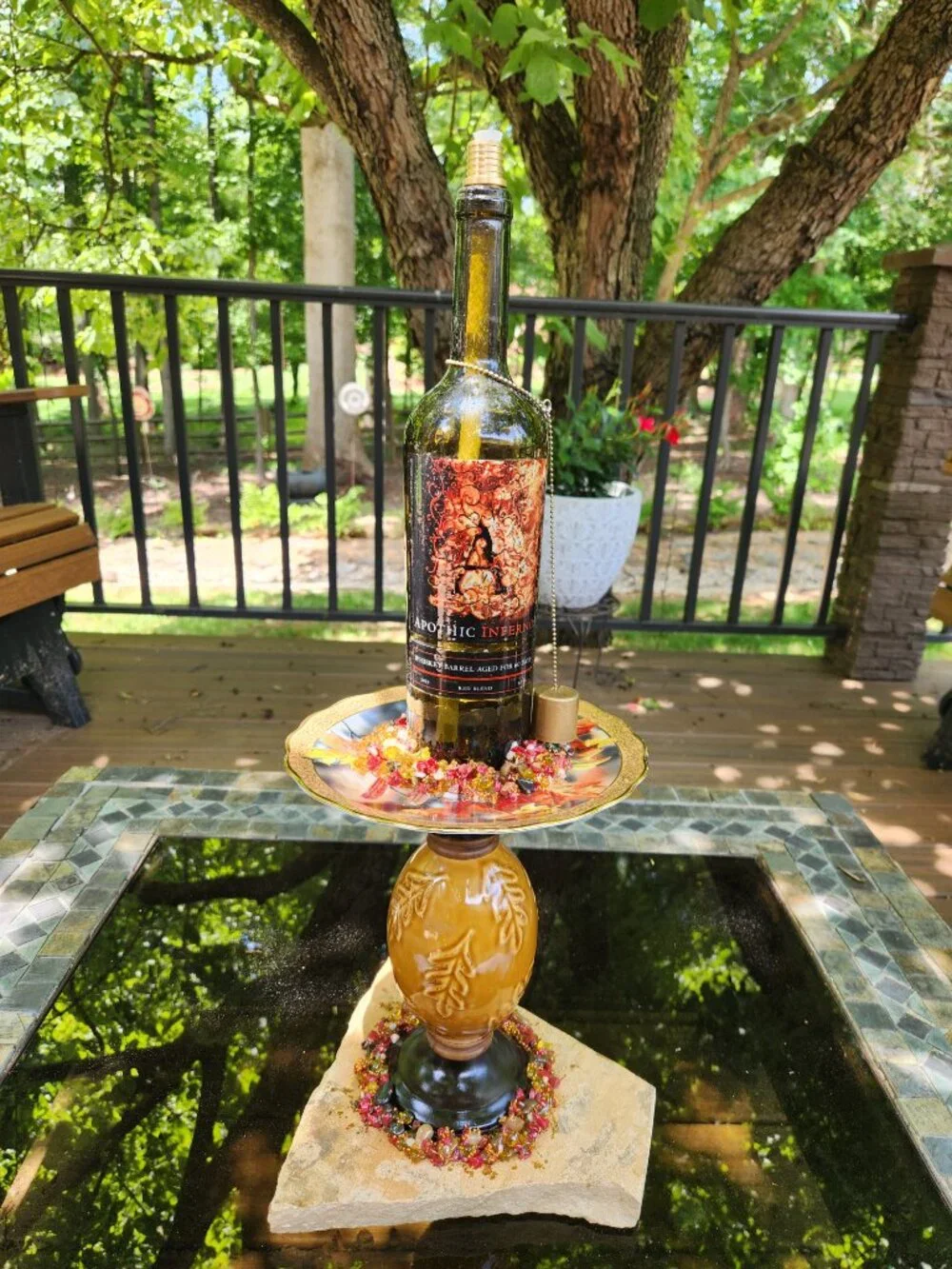 Upcycled Tiki Torch Wine Bottle Stone Bead Accent Flagstone Base
